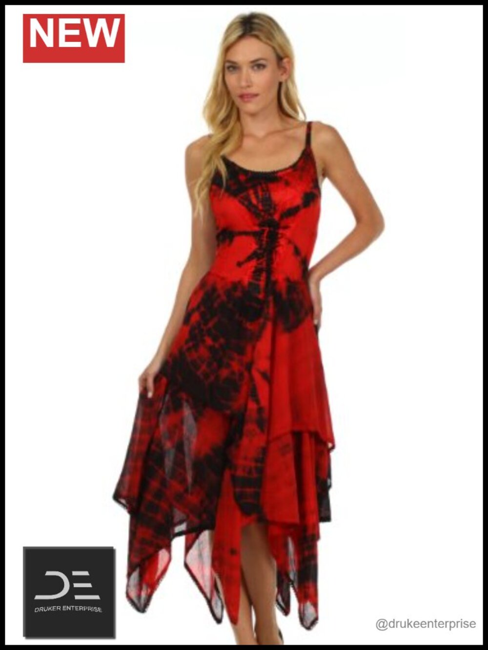 Tie-Dye Corset Bodice Handkerchief Hem Dress – Adjustable Straps, Cotton Blend - Picture 4 of 5
